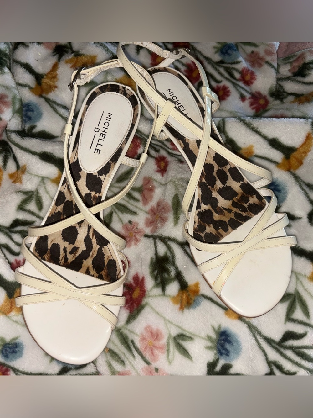 Michelle D Cream Strappy Heels with Leopard Insole
